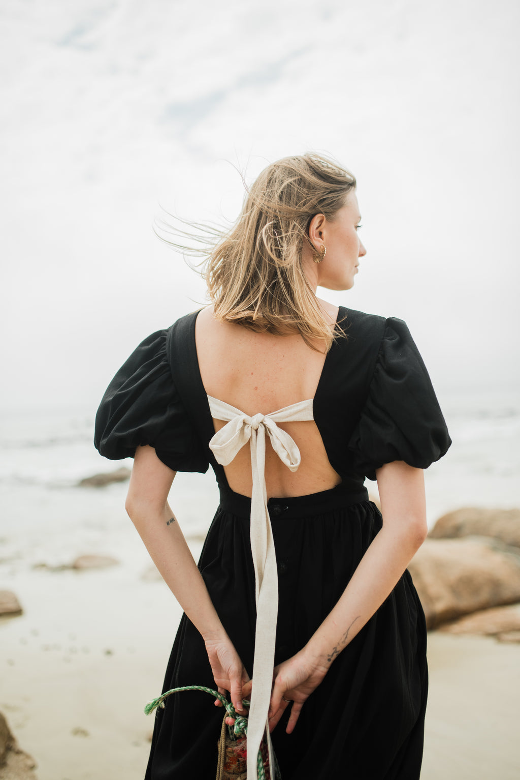 Midnight Solace Open Back Dress — Black with Oatmeal ties