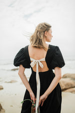 Midnight Solace Open Back Dress — Black with Oatmeal ties