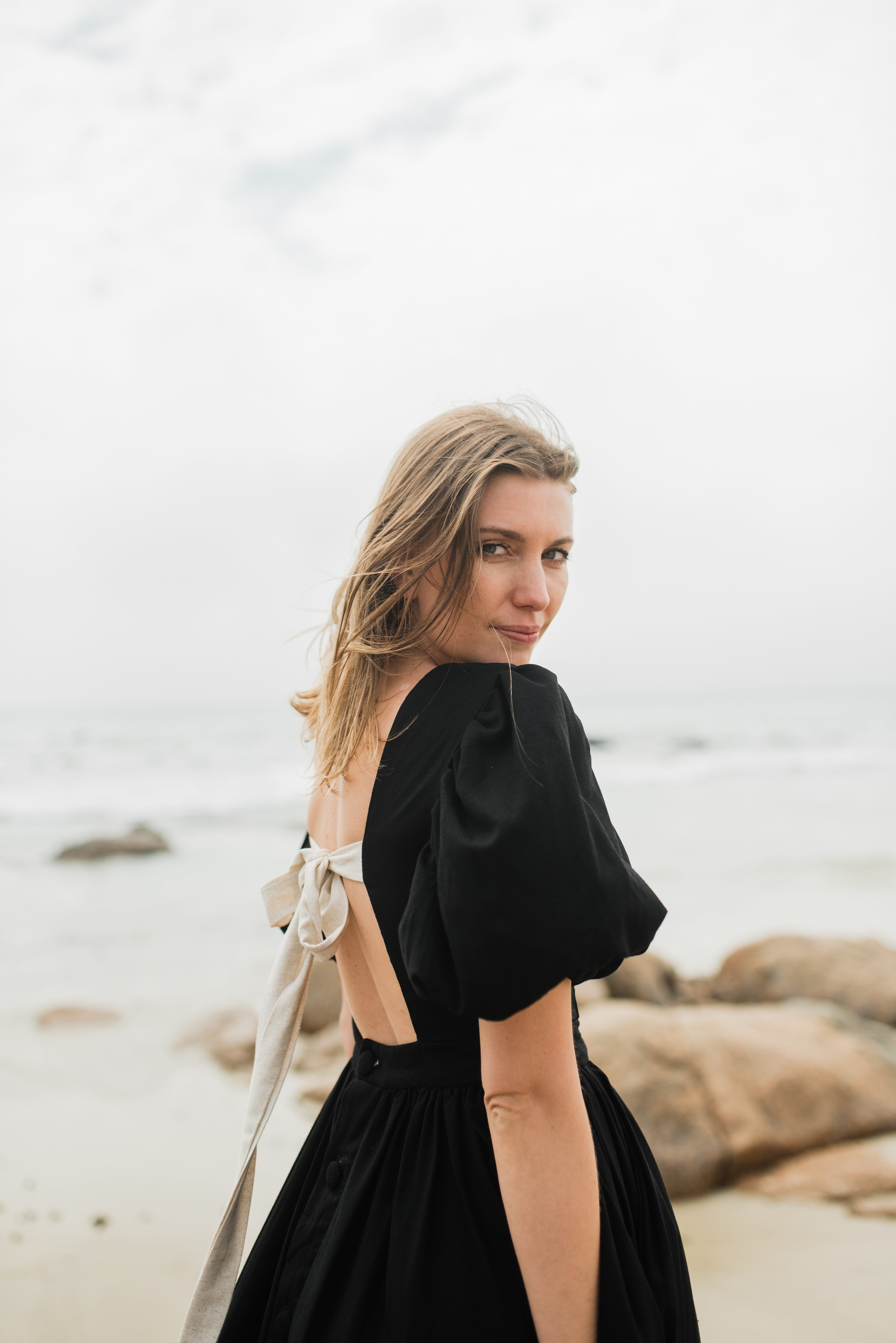 Midnight Solace Open Back Dress — Black with Oatmeal ties