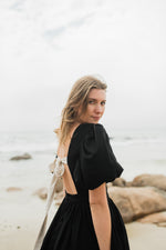 Midnight Solace Open Back Dress — Black with Oatmeal ties