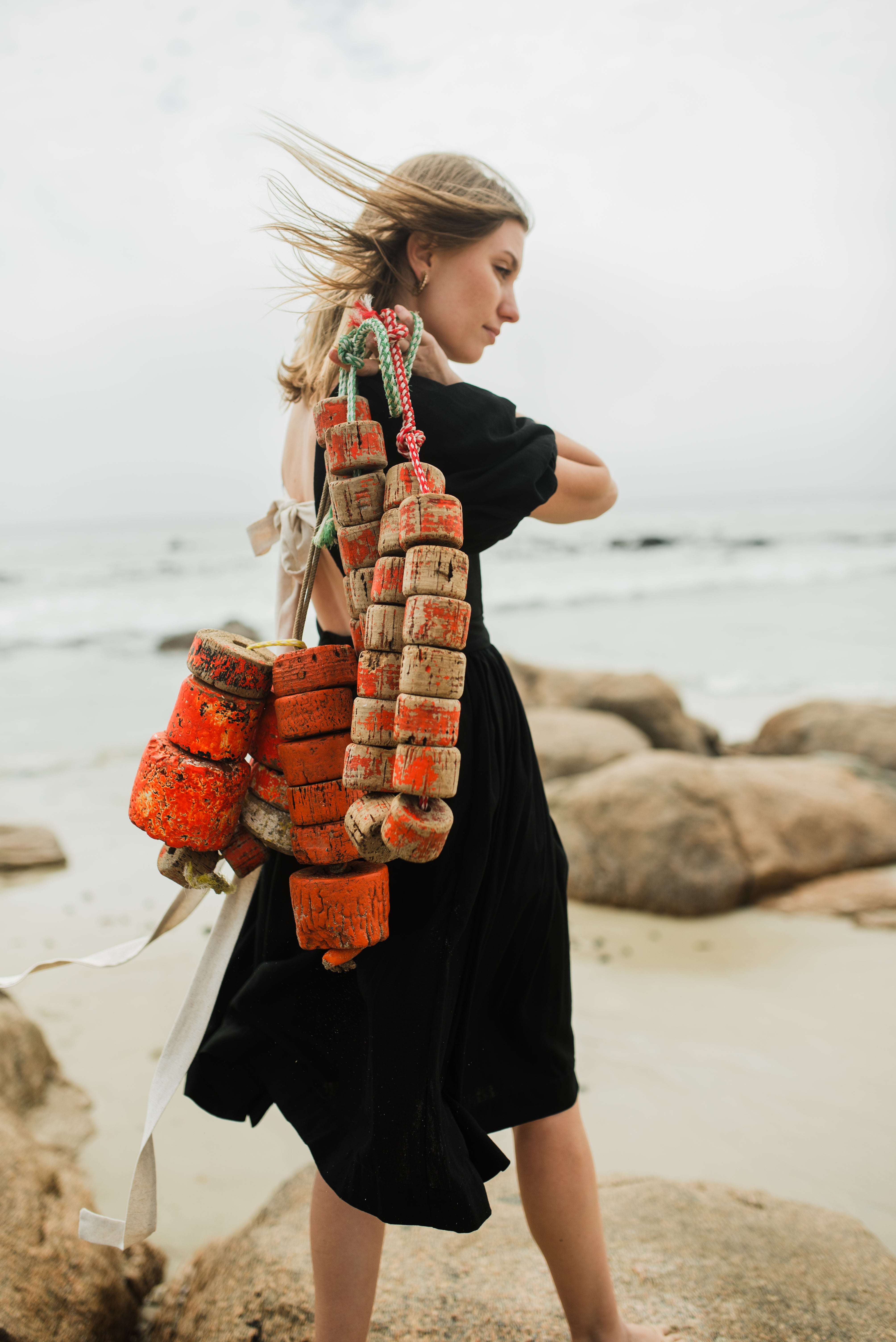 Midnight Solace Open Back Dress — Black with Oatmeal ties