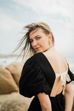 Midnight Solace Open Back Dress — Black with Oatmeal ties