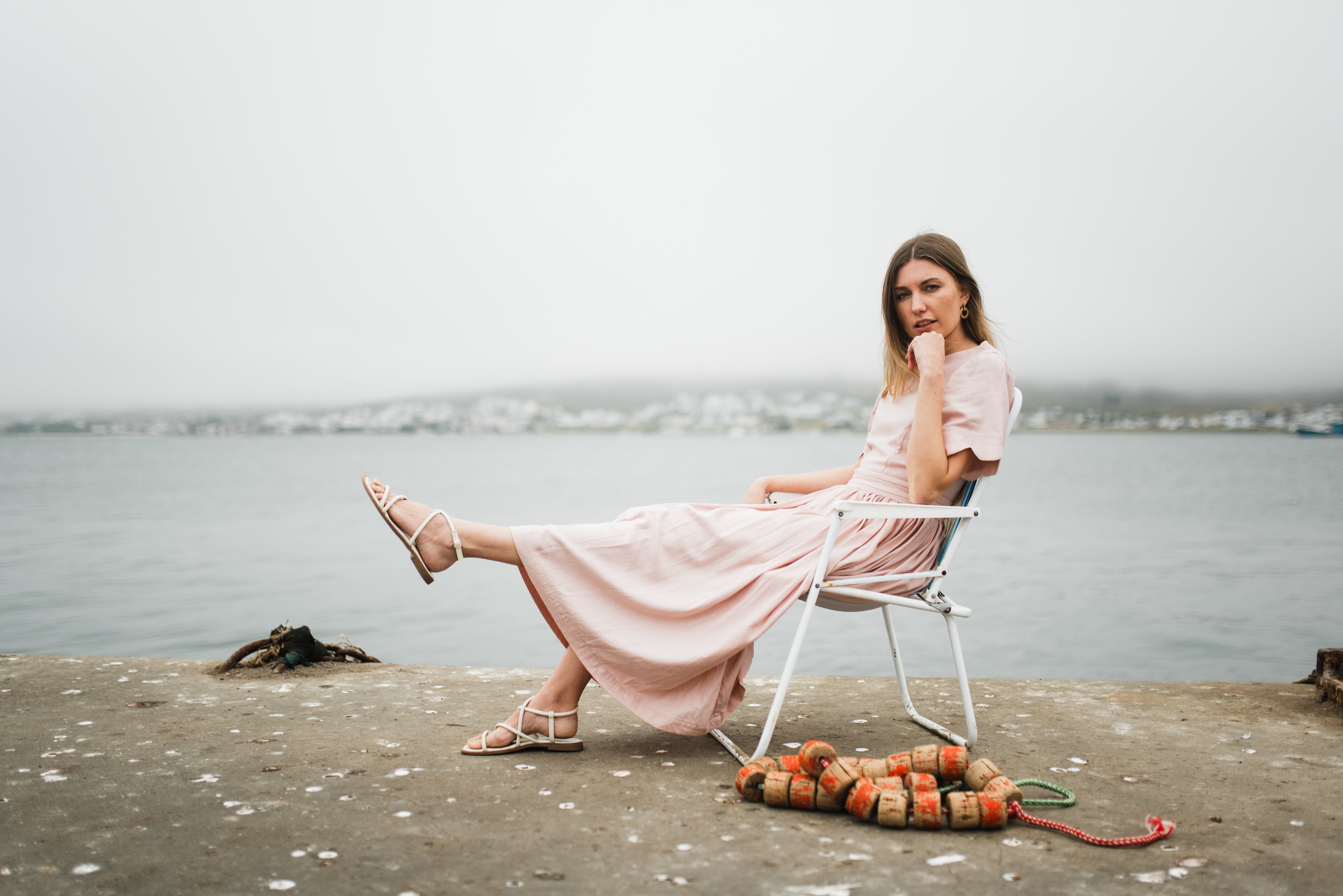 Peach Wisp Scallop Open Back Dress — Blush Peach with Oatmeal Tie