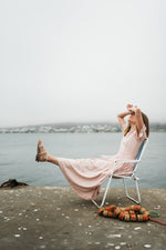 Peach Wisp Scallop Open Back Dress — Blush Peach with Oatmeal Tie