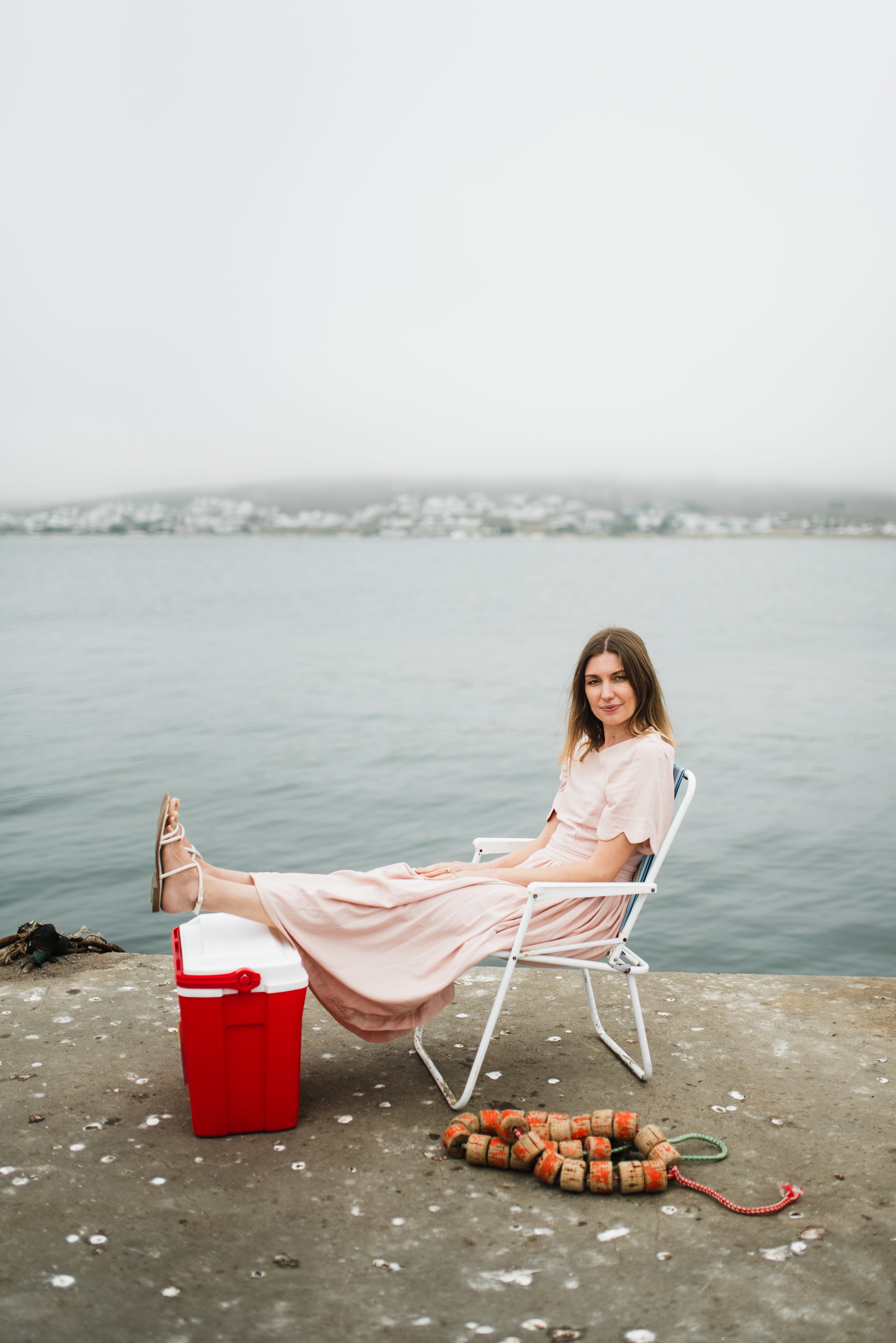 Peach Wisp Scallop Open Back Dress — Blush Peach with Oatmeal Tie