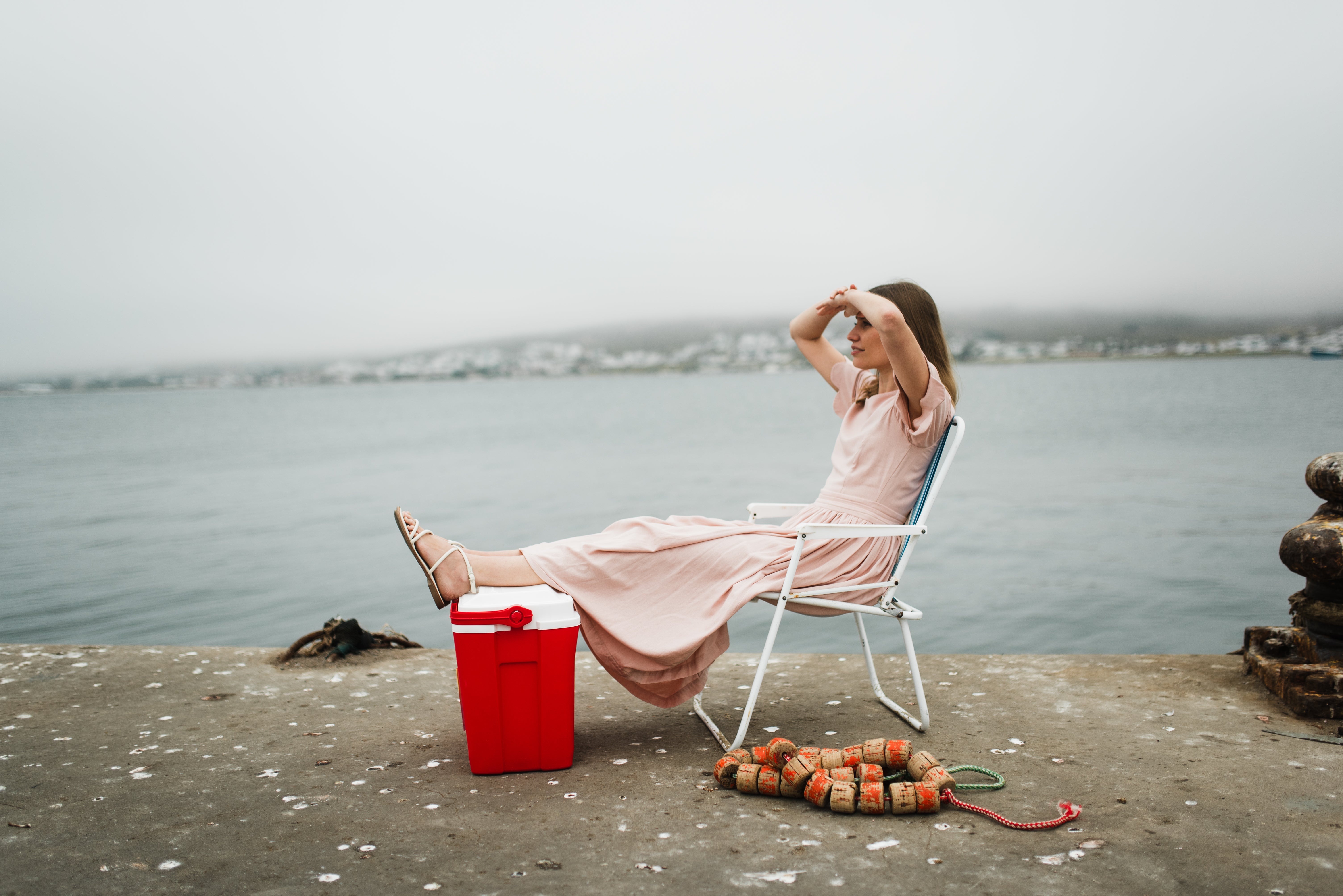 Peach Wisp Scallop Open Back Dress — Blush Peach with Oatmeal Tie