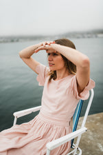 Peach Wisp Scallop Open Back Dress — Blush Peach with Oatmeal Tie