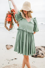 Willow Whisper Puff Sleeve Dress — Olive Green